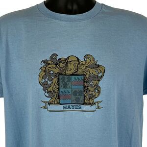 Vintage 80s Hayes Family Name Crest T Shirt Coat of Arms Surname Blue L Large